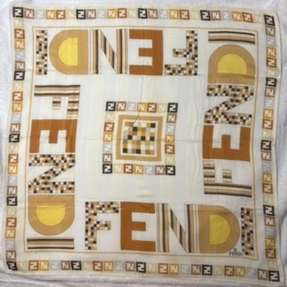 Vtg FENDI Scarf Handkerchief Zucca Logo Brown Tan Yellow 22